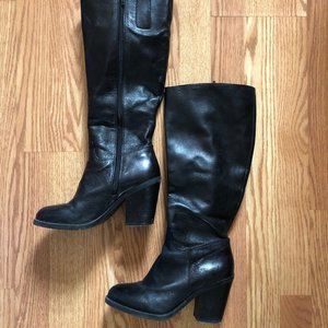 Nine West Black Leather Knee High Heeled Boots